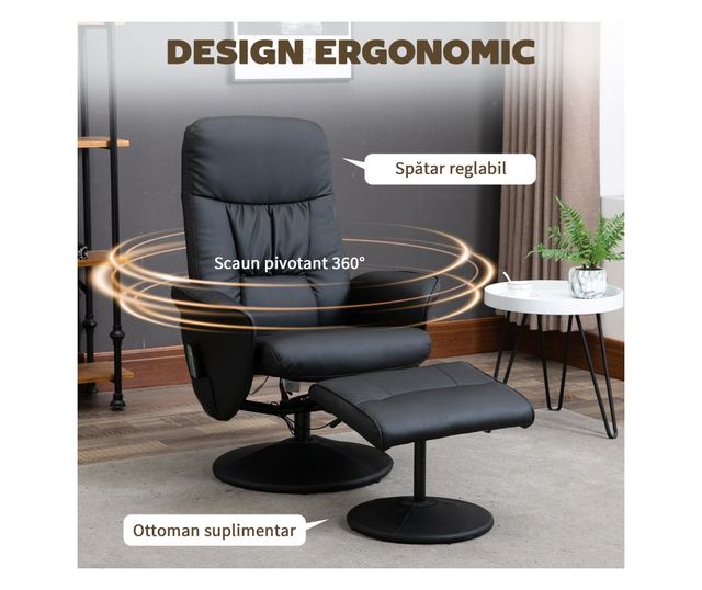 Dönthető fotel lábtartóval, 145° dönthető háttámla 360° forgó ülőfelülettel, 10 masszázsponttal, fekete