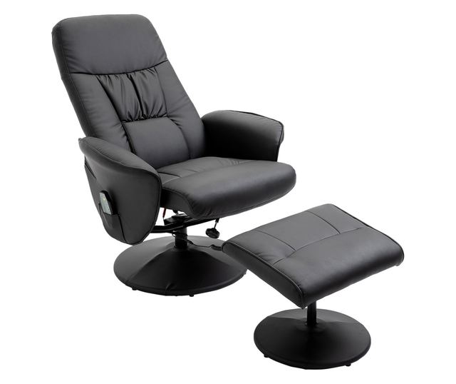 Dönthető fotel lábtartóval, 145° dönthető háttámla 360° forgó ülőfelülettel, 10 masszázsponttal, fekete