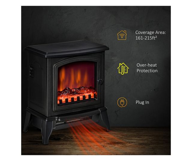 Hordozható elektromos kandalló 1000W/2000W ABS és fekete üveg