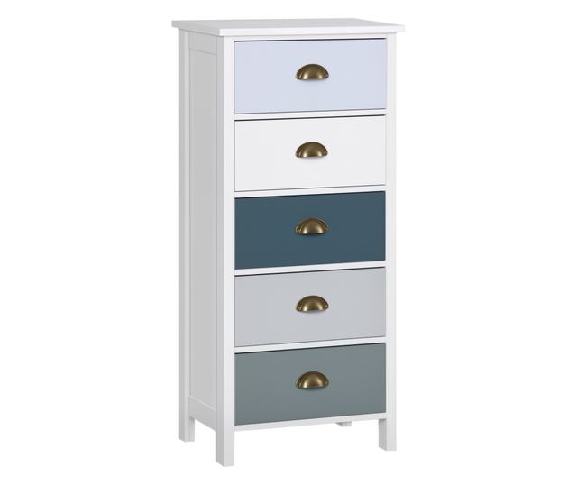 Hálószoba komód 5 színes fiókkal, fém fogantyúkkal, 45x30x95,4 cm, többszínű