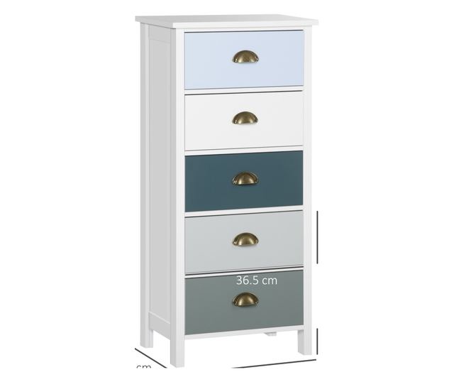 Hálószoba komód 5 színes fiókkal, fém fogantyúkkal, 45x30x95,4 cm, többszínű