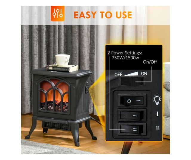 Elektromos kandalló 750/1500 W lánghatással, 15-20 m², fekete