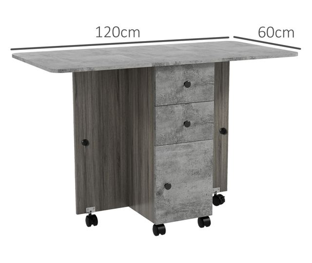 Összecsukható étkezőasztal 6 személyesig, 2 fiókkal, szekrénnyel és hátsó polccal, 120x60x76,5 cm, szürke