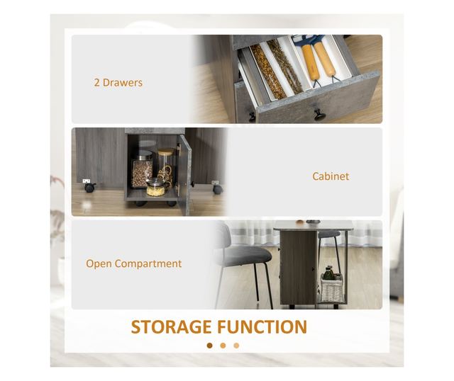 Összecsukható étkezőasztal 6 személyesig, 2 fiókkal, szekrénnyel és hátsó polccal, 120x60x76,5 cm, szürke