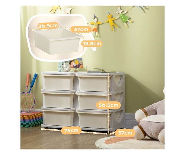 Gyermek 6 fiókos komód lekerekített élekkel, krémszínű PP, 75x37x56,5 cm