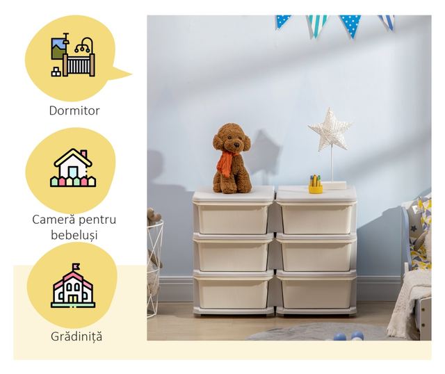 Gyermek 6 fiókos komód lekerekített élekkel, krémszínű PP, 75x37x56,5 cm