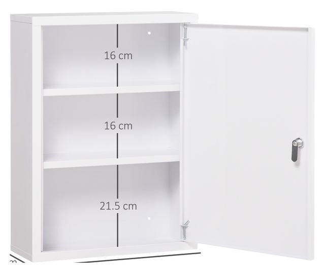 Acél gyógyszeres szekrény 3 polccal és zárral, 2 kulccsal, fehér