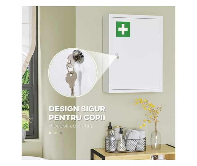 Acél gyógyszeres szekrény 3 polccal és zárral, 2 kulccsal, fehér