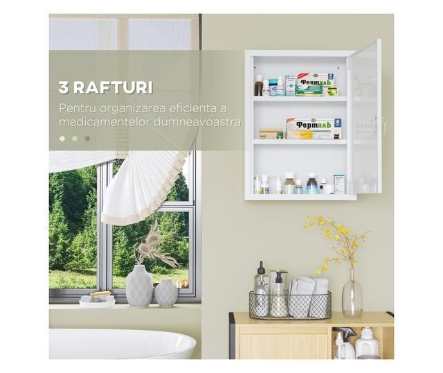 Acél gyógyszeres szekrény 3 polccal és zárral, 2 kulccsal, fehér