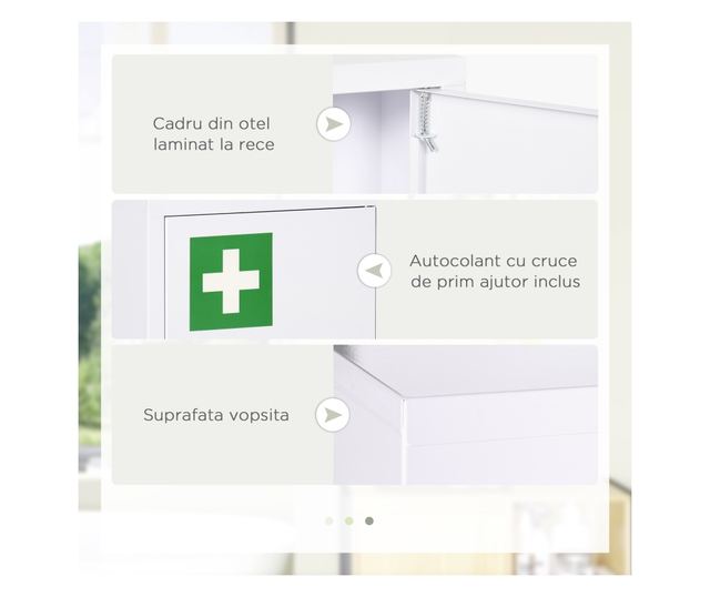 Acél gyógyszeres szekrény 3 polccal és zárral, 2 kulccsal, fehér