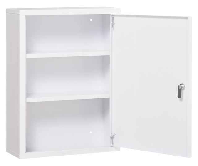 Acél gyógyszeres szekrény 3 polccal és zárral, 2 kulccsal, fehér