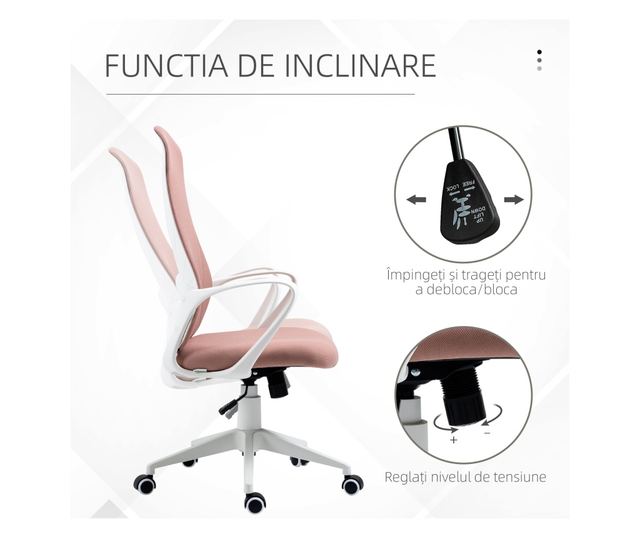 Ergonomikus és párnázott irodai szék, állítható magassággal és dőlésszöggel, 62x56x110-119,5 cm, rózsaszín
