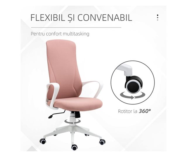 Ergonomikus és párnázott irodai szék, állítható magassággal és dőlésszöggel, 62x56x110-119,5 cm, rózsaszín