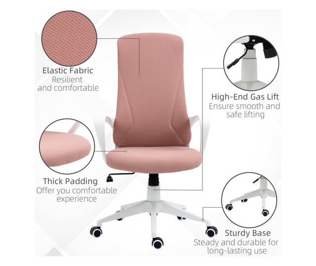 Ergonomikus és párnázott irodai szék, állítható magassággal és dőlésszöggel, 62x56x110-119,5 cm, rózsaszín