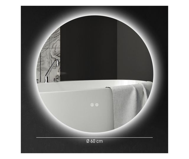 Kerek fürdőszobai LED tükör érintőkapcsolóval, 3 fényszínnel, Ø60x3,5 cm, átlátszó