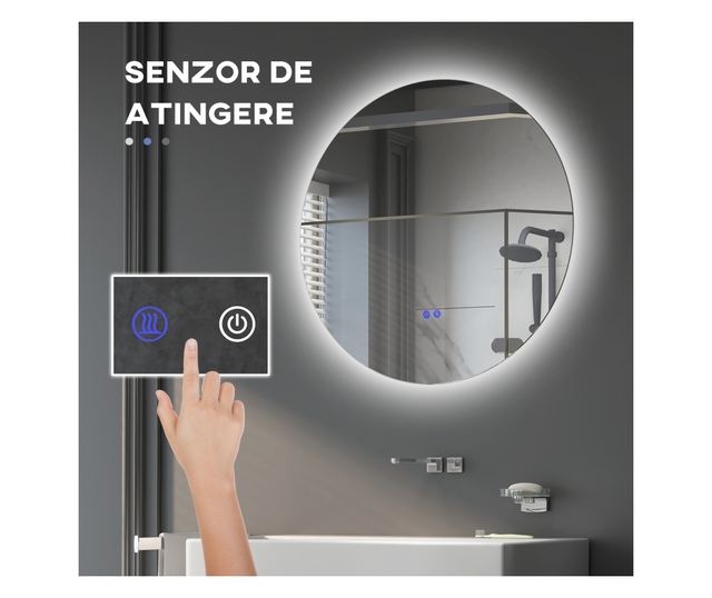 Kerek fürdőszobai LED tükör érintőkapcsolóval, 3 fényszínnel, Ø60x3,5 cm, átlátszó