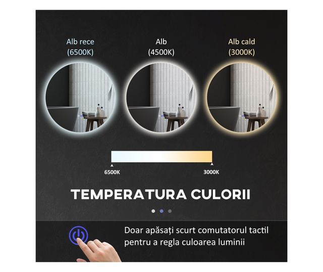 Kerek fürdőszobai LED tükör érintőkapcsolóval, 3 fényszínnel, Ø60x3,5 cm, átlátszó