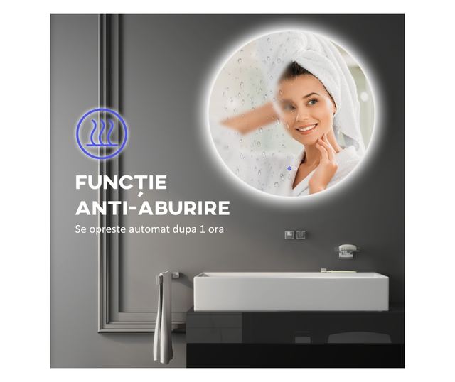 Kerek fürdőszobai LED tükör érintőkapcsolóval, 3 fényszínnel, Ø60x3,5 cm, átlátszó