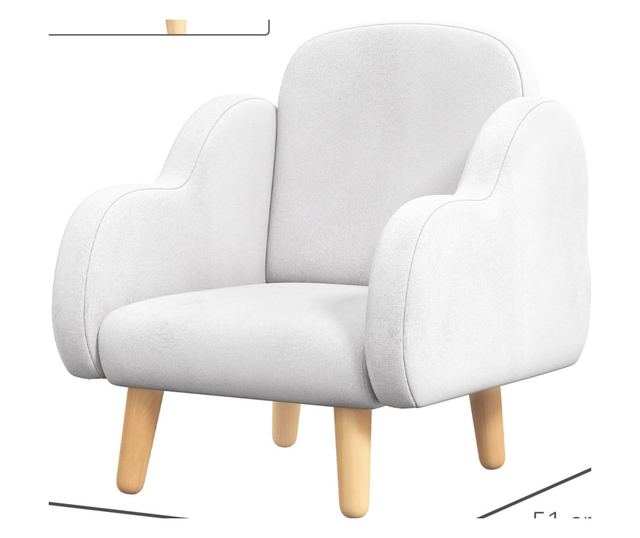 Gyermekfotel felhő alakú karfákkal, ferde lábakkal és szövet anyaggal, 46 x 51 x 55 cm, fehér