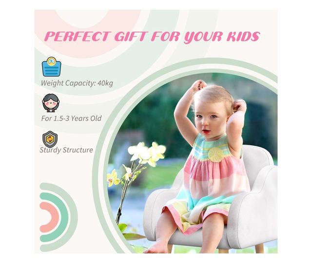 Gyermekfotel felhő alakú karfákkal, ferde lábakkal és szövet anyaggal, 46 x 51 x 55 cm, fehér