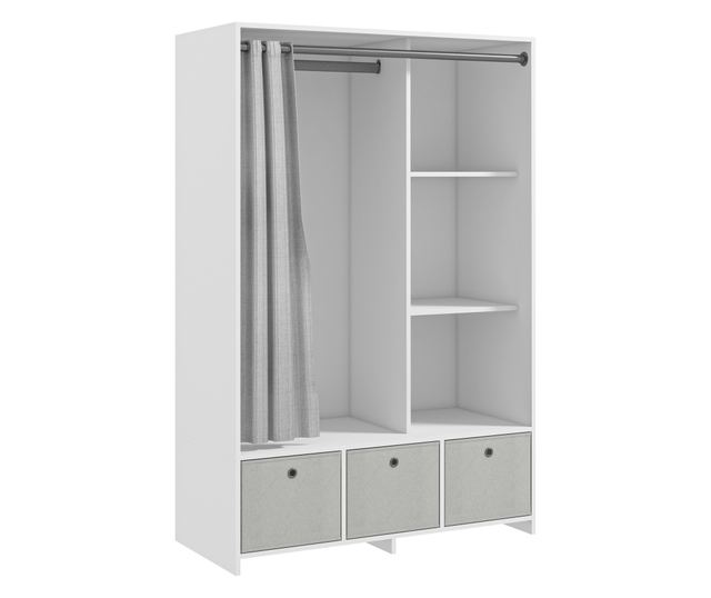Ruhásszekrény ruhatartó rúddal, 3 szövetfiókkal és 3 polccal, 105x48x160 cm, fehér és szürke