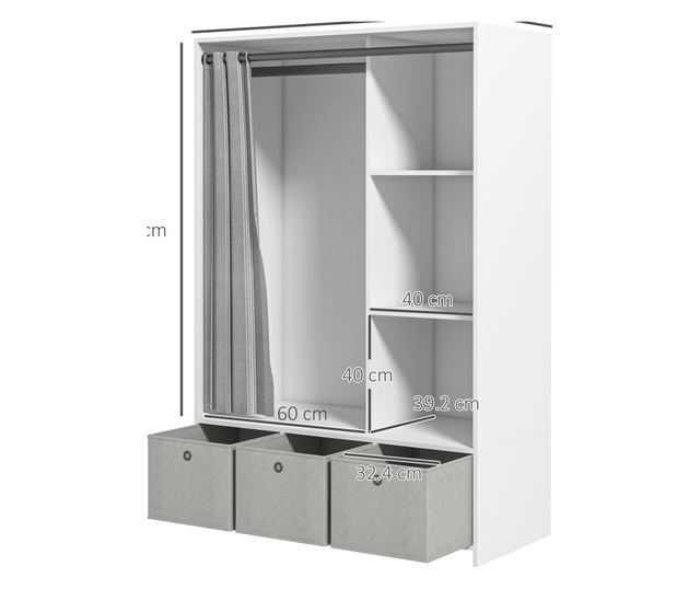 Ruhásszekrény ruhatartó rúddal, 3 szövetfiókkal és 3 polccal, 105x48x160 cm, fehér és szürke