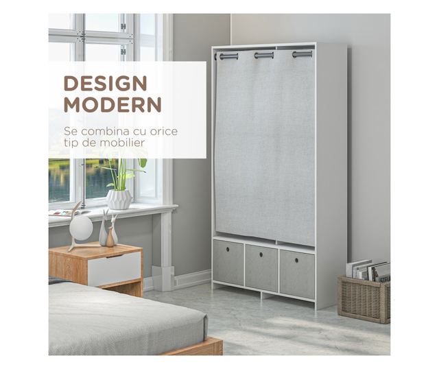 Ruhásszekrény ruhatartó rúddal, 3 szövetfiókkal és 3 polccal, 105x48x160 cm, fehér és szürke