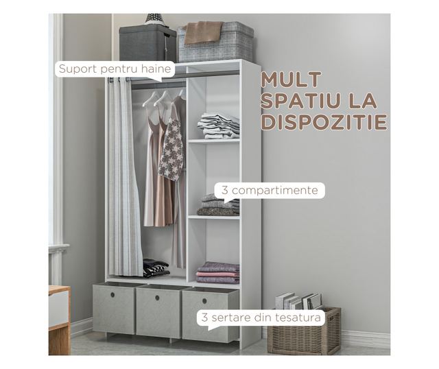 Ruhásszekrény ruhatartó rúddal, 3 szövetfiókkal és 3 polccal, 105x48x160 cm, fehér és szürke