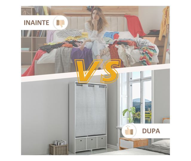 Ruhásszekrény ruhatartó rúddal, 3 szövetfiókkal és 3 polccal, 105x48x160 cm, fehér és szürke