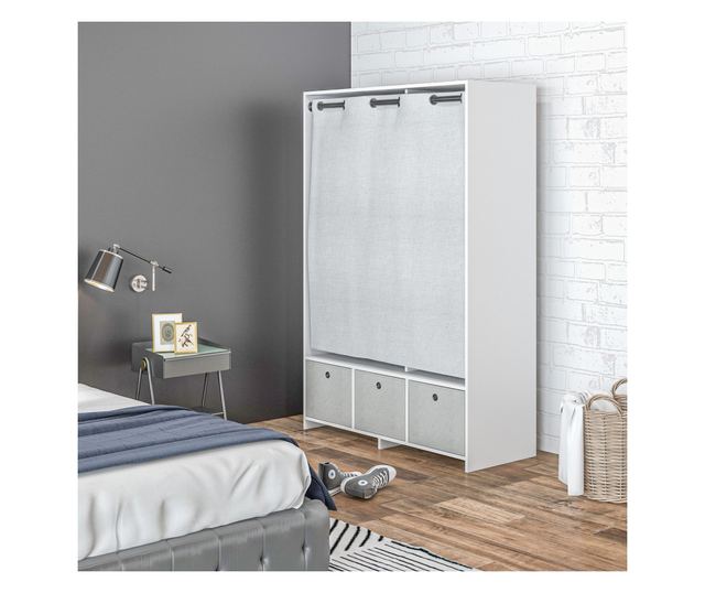 Ruhásszekrény ruhatartó rúddal, 3 szövetfiókkal és 3 polccal, 105x48x160 cm, fehér és szürke