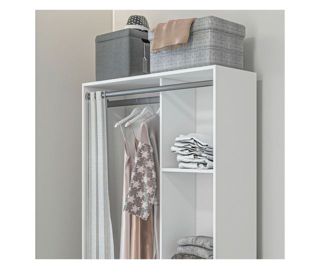 Ruhásszekrény ruhatartó rúddal, 3 szövetfiókkal és 3 polccal, 105x48x160 cm, fehér és szürke