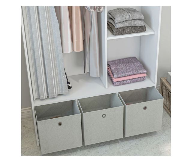 Ruhásszekrény ruhatartó rúddal, 3 szövetfiókkal és 3 polccal, 105x48x160 cm, fehér és szürke