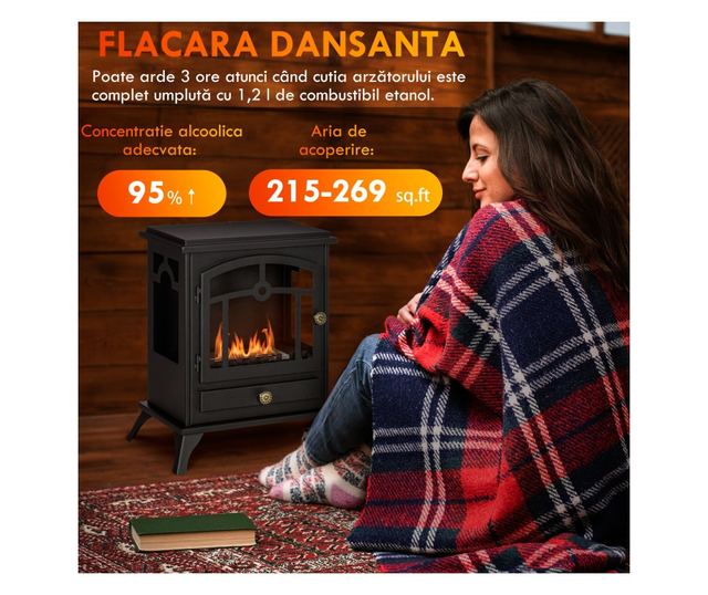 Bioetanol kandalló, bio kandalló 1,2L égővel 3 óra égési idővel, 45x28x54 cm, fekete