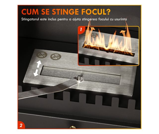 Bioetanol kandalló, bio kandalló 1,2L égővel 3 óra égési idővel, 45x28x54 cm, fekete