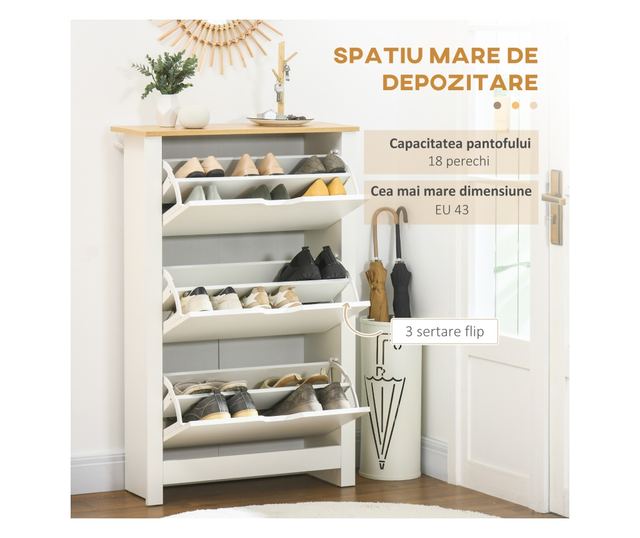 Slim szekrény 18 cipőhöz, 3 fiók 2 állítható polccal, fehér