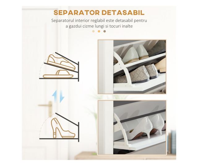 Slim szekrény 18 cipőhöz, 3 fiók 2 állítható polccal, fehér