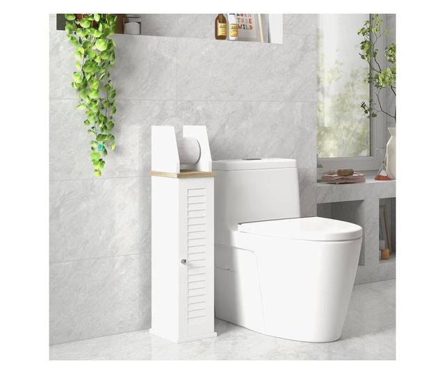 Fürdőszobaszekrény, WC-papírtartó, tárolóhely, állítható polccal, 18x20x80 cm, fehér