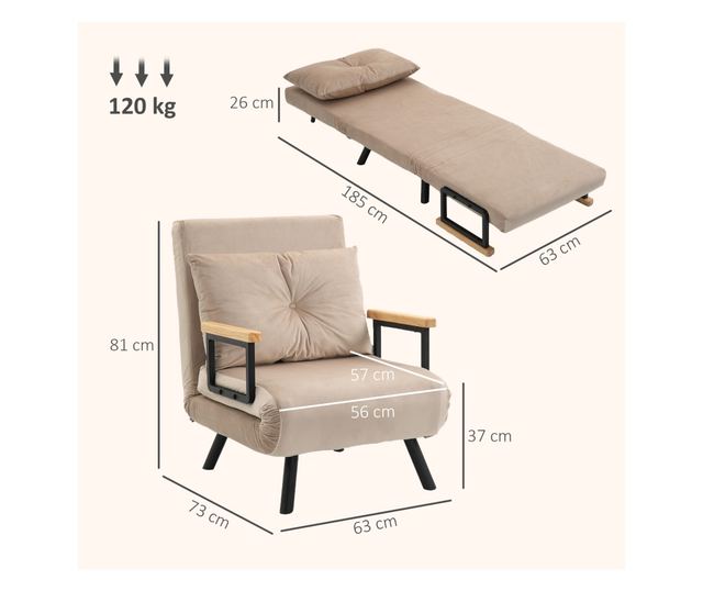 Állítható 5 fokozatú háttámlás kanapéágy, összecsukható egyszemélyes kanapéágy párnákkal, 63x73x81 cm, bézs