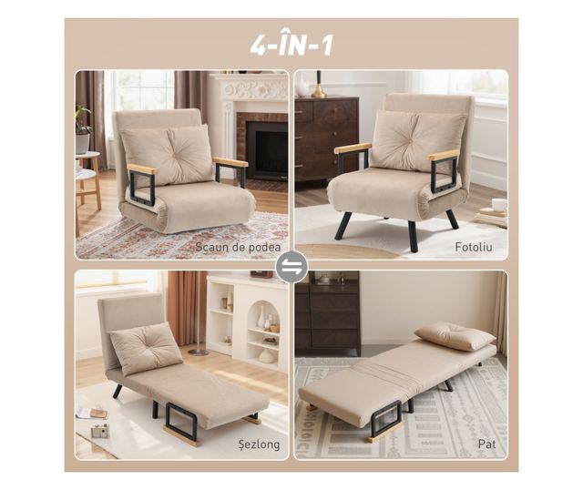 Állítható 5 fokozatú háttámlás kanapéágy, összecsukható egyszemélyes kanapéágy párnákkal, 63x73x81 cm, bézs