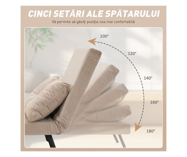 Állítható 5 fokozatú háttámlás kanapéágy, összecsukható egyszemélyes kanapéágy párnákkal, 63x73x81 cm, bézs