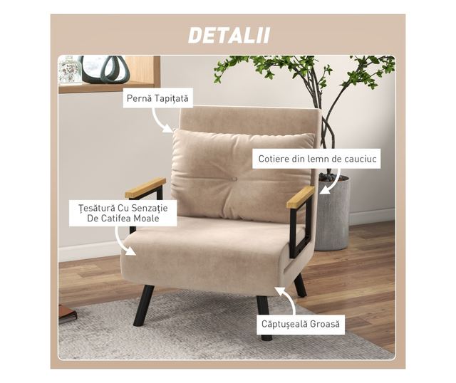 Állítható 5 fokozatú háttámlás kanapéágy, összecsukható egyszemélyes kanapéágy párnákkal, 63x73x81 cm, bézs