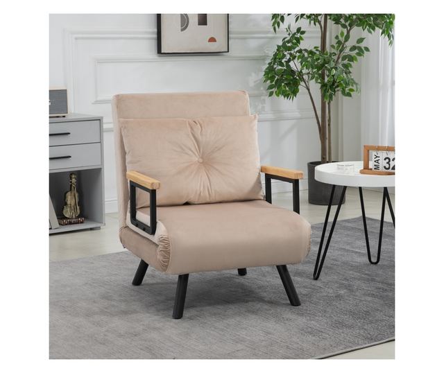 Állítható 5 fokozatú háttámlás kanapéágy, összecsukható egyszemélyes kanapéágy párnákkal, 63x73x81 cm, bézs