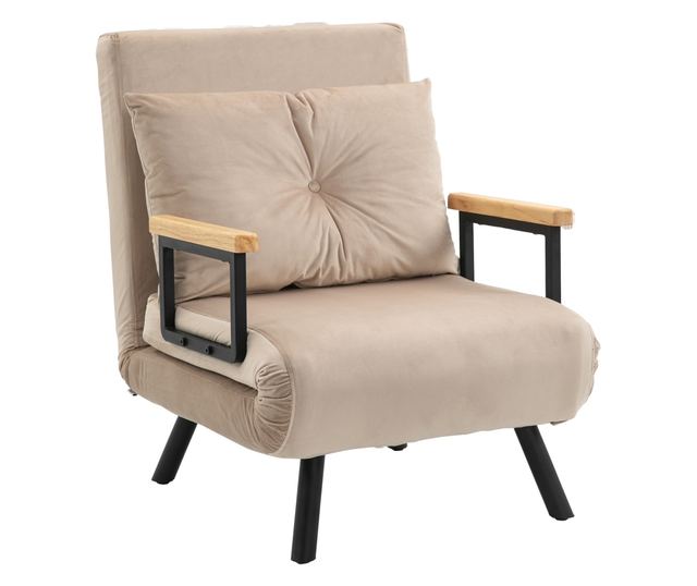 Állítható 5 fokozatú háttámlás kanapéágy, összecsukható egyszemélyes kanapéágy párnákkal, 63x73x81 cm, bézs