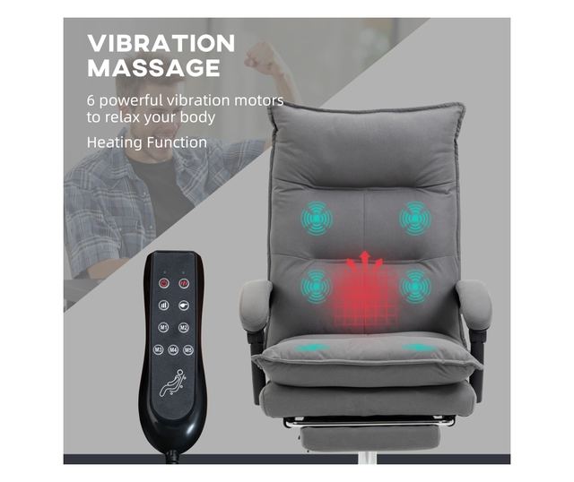 Irodai szék masszázzsal és fűtéssel, állítható magasságú, dönthető háttámla, 66x74x121,5cm, szürke