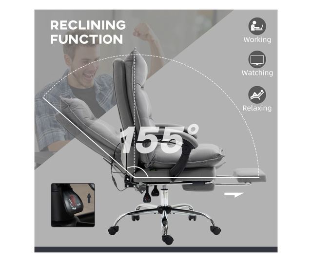 Irodai szék masszázzsal és fűtéssel, állítható magasságú, dönthető háttámla, 66x74x121,5cm, szürke