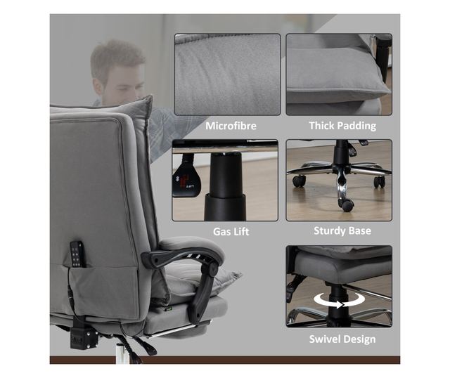 Irodai szék masszázzsal és fűtéssel, állítható magasságú, dönthető háttámla, 66x74x121,5cm, szürke