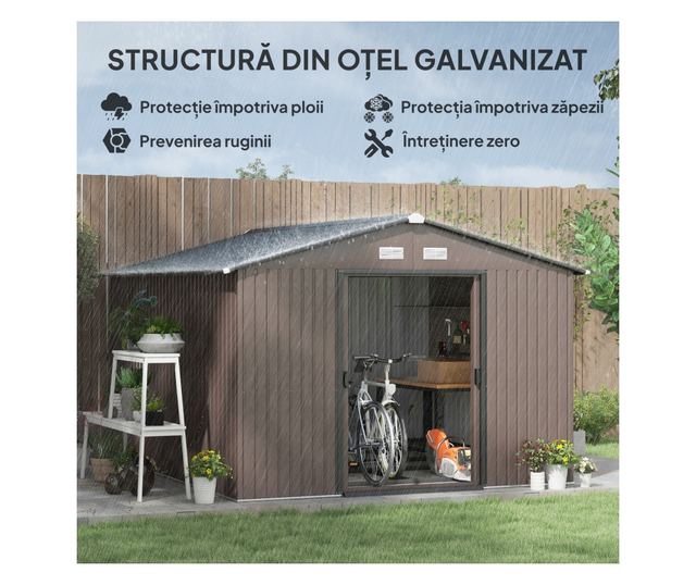 Kerti tároló 8,3m² horganyzott acélból, dupla tolóajtóval, 277x322x192 cm, barna