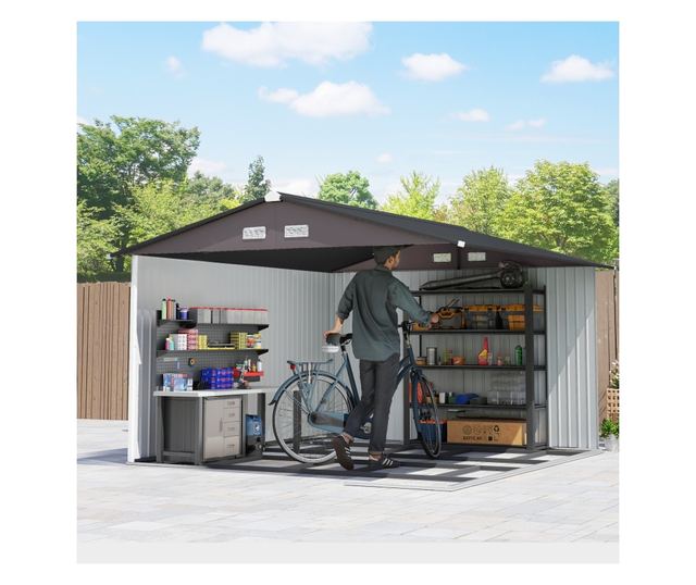 Kerti tároló 8,3m² horganyzott acélból, dupla tolóajtóval, 277x322x192 cm, barna
