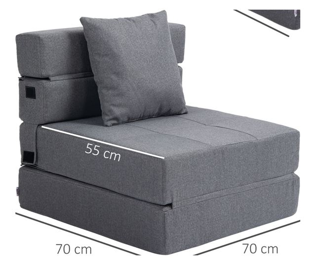 Átalakítható összecsukható fotelágy egyszemélyes párnával, 70x70x61 cm, szürke