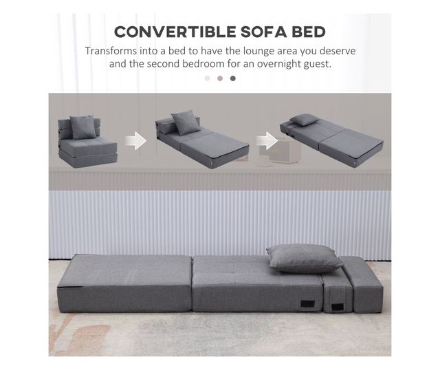 Átalakítható összecsukható fotelágy egyszemélyes párnával, 70x70x61 cm, szürke